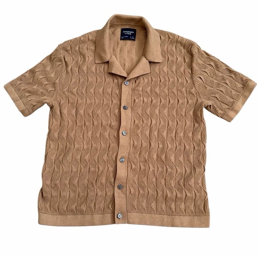 Abercrombie & Fitch Textured Button-Through Sweater Polo Tan Knit Small